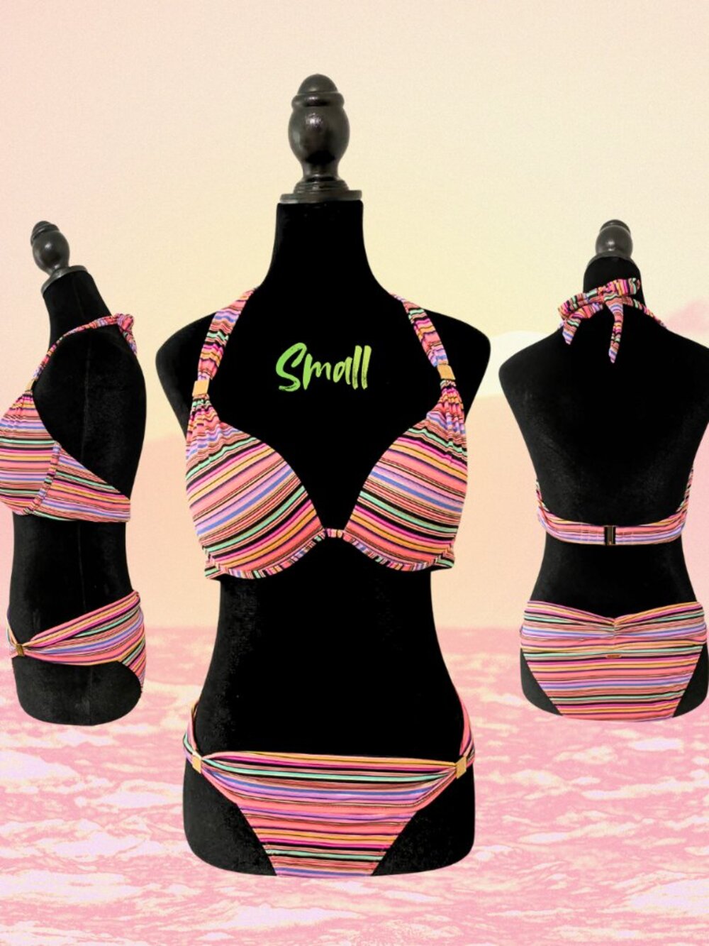 Victoria’s Secret Neon Rainbow Stripe Bikini Set Y2K "Hottie Cheekie" Swimwear S